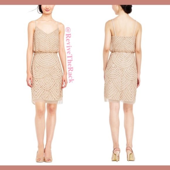 NEW‎ Adrianna Papell Sequin Mesh Blouson Dress in Champagne Gold [SZ 10 ] - Picture 2 of 9